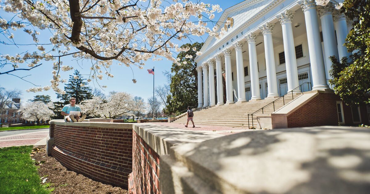 Reckford Armory during the springtime with cherry blossoms blooming. 